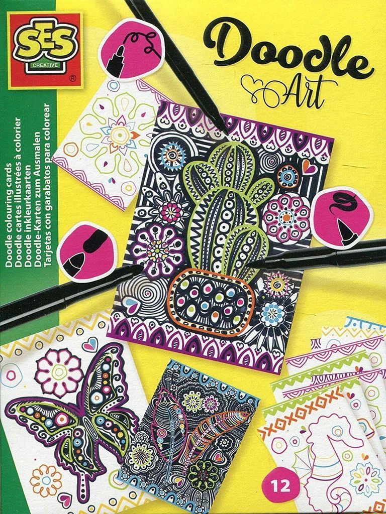 SES Creative Ses Doodle Art Color Cards 12 Stcke + 3 schwarze Markierungen