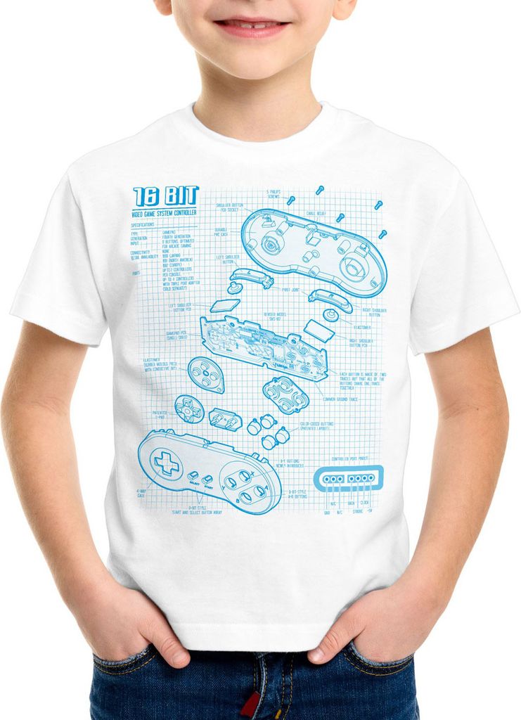 style3 SNES Controller Blaupause Kinder T-Shirt 16-Bit Videospiel