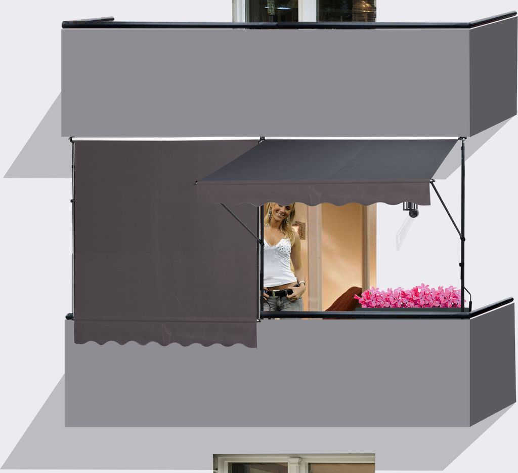 2 Stück Klemmmarkise 200x130cm GRAU Balkonmarkise Sonnenschutz Terrassenüberdachung Höhenverstellbar von 200-290cm Markise Balkon ohne Bohren