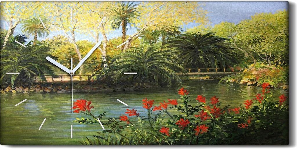 Wandkunst Leinwand Bild Uhr 60x30 Malerei Wald Bäume Fluss Brücke Kunst - weiße Hände