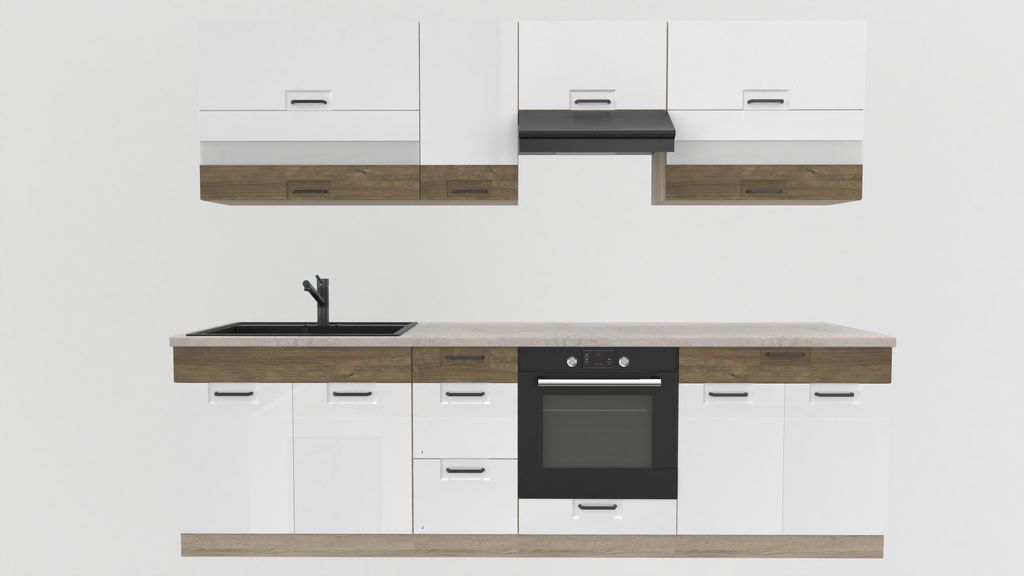 Küchenzeile 270 cm - FAVORIT A PLUS - Weiß Hochglanz und Sonoma Eiche - Mit Arbeitsplatte Travertin - Einbauküche - Metallbox Schubladen - Singl...