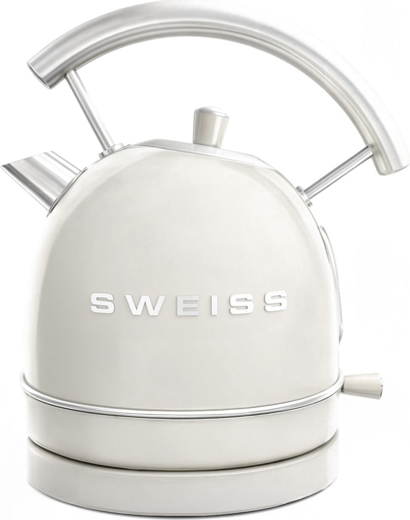 A cream-colored electric kettle with a silver handle and base, shown from the front.