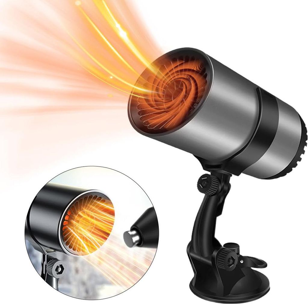 A portable car heater with a suction cup mount, showing heat waves emanating from the front.