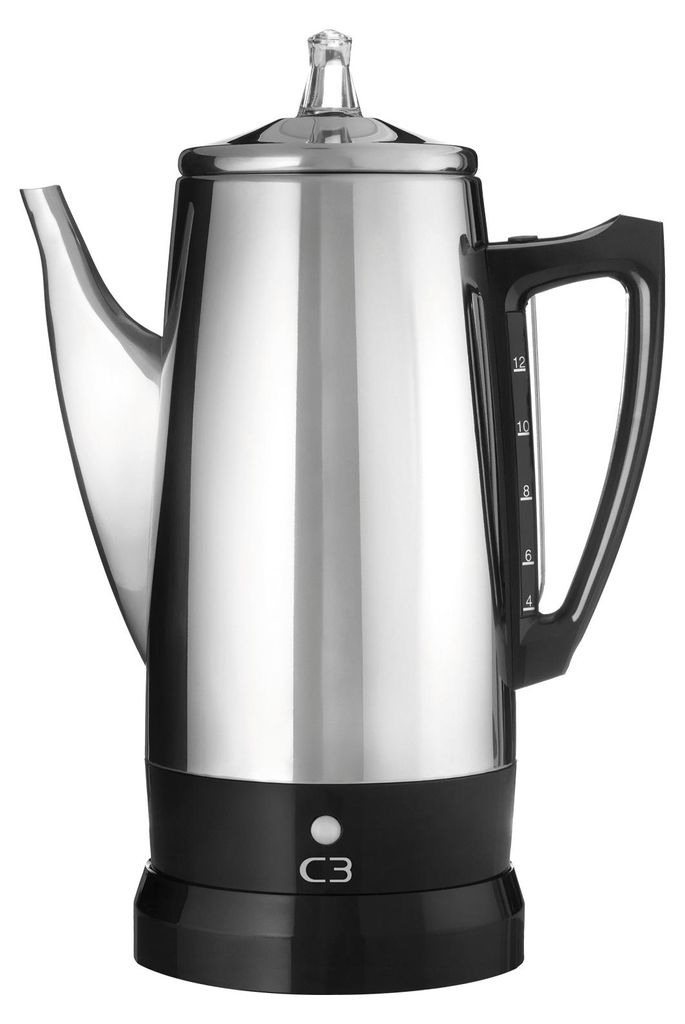 A stainless steel coffee percolator with a black base and handle, shown against a white background.