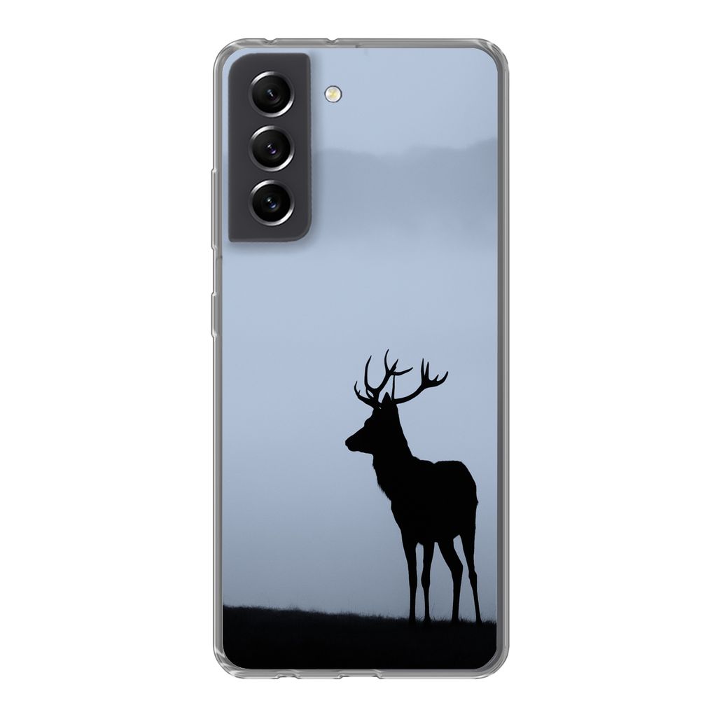 MuchoWow Handyhülle Schutzhülle Hülle für Samsung Galaxy S21 FE Hirsch - Nebel - Silhouette Silikon Softcase Handy Hülle - Mobiltelefonhülle