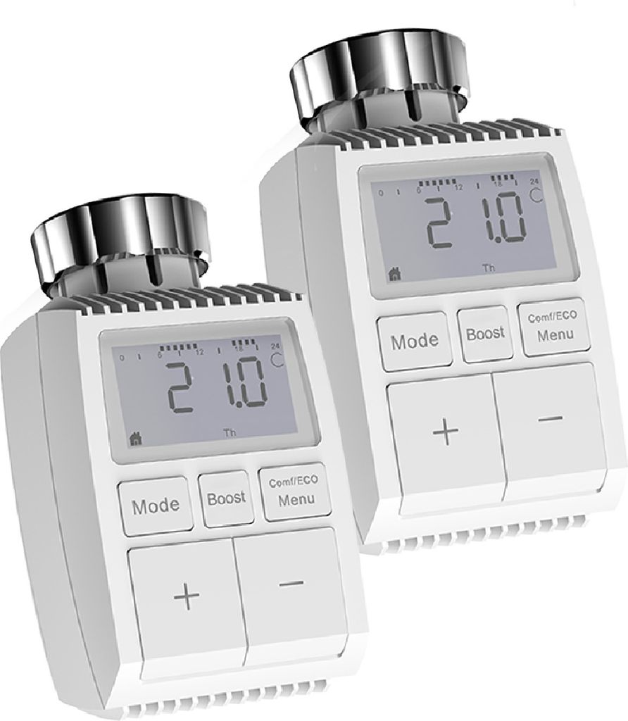 Two white electronic radiator thermostats are shown against a white background.