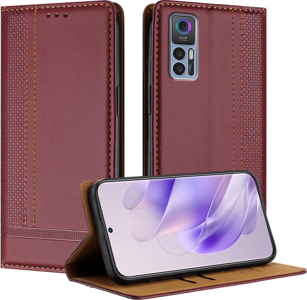 Handyhülle für TCL 30+ Leder Flip Klappbare Schutzhülle mit Standfunktion Dunkelrot