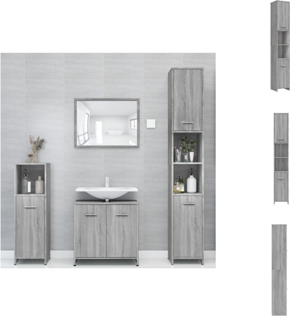 A bathroom vanity set with a sink, mirror, and two storage cabinets against a tiled wall.