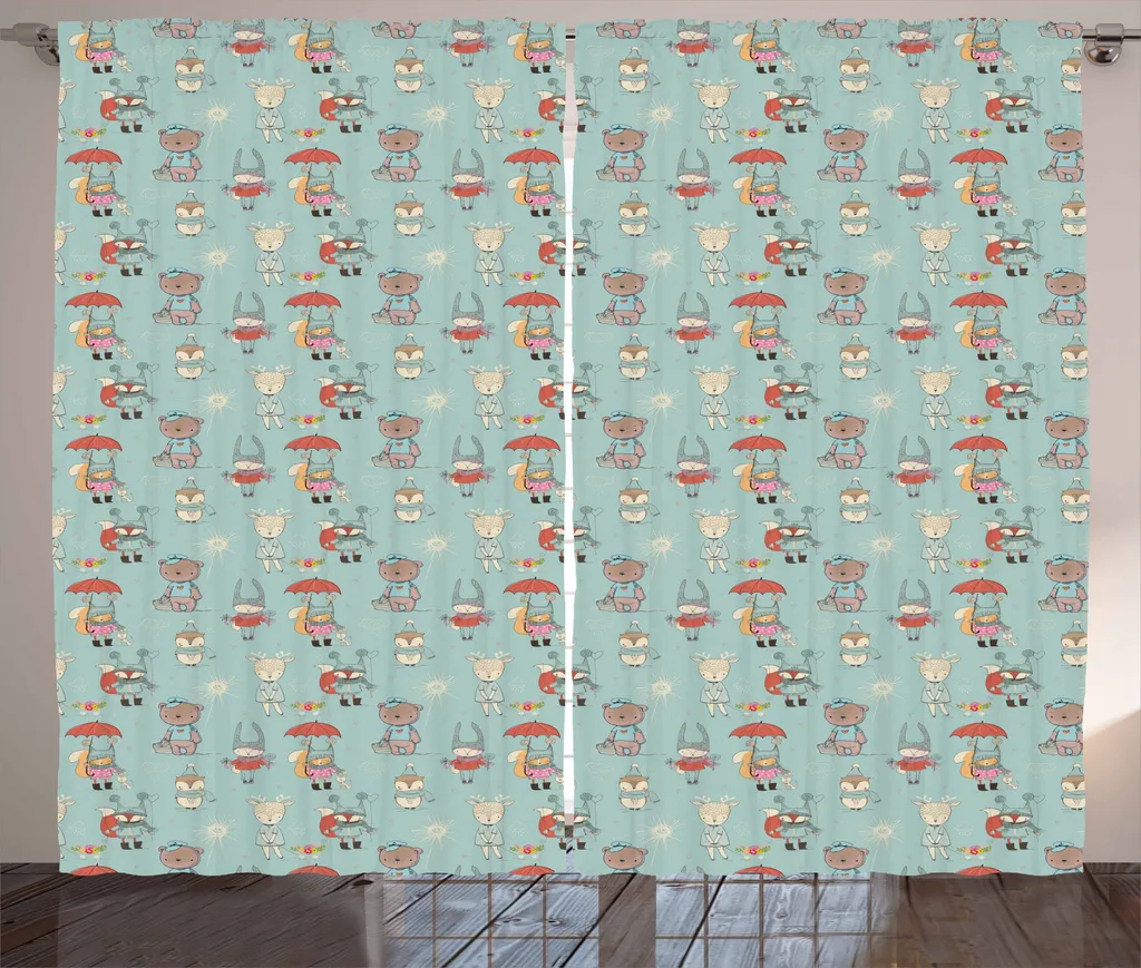 ABAKUHAUS Tenda rustica con scarabocchi, animali in inverno Doodle, tenda con passanti e ganci per camera da letto, 280 x 175 cm, multicolore