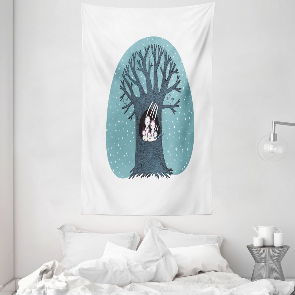 ABAKUHAUS Baum Wandteppich und Tagesdecke, Kaninchen Vögel Schneefall aus Weiches Mikrofaser Stoff Waschbar ohne Verblassen Digitaldruck, 140 x 23...