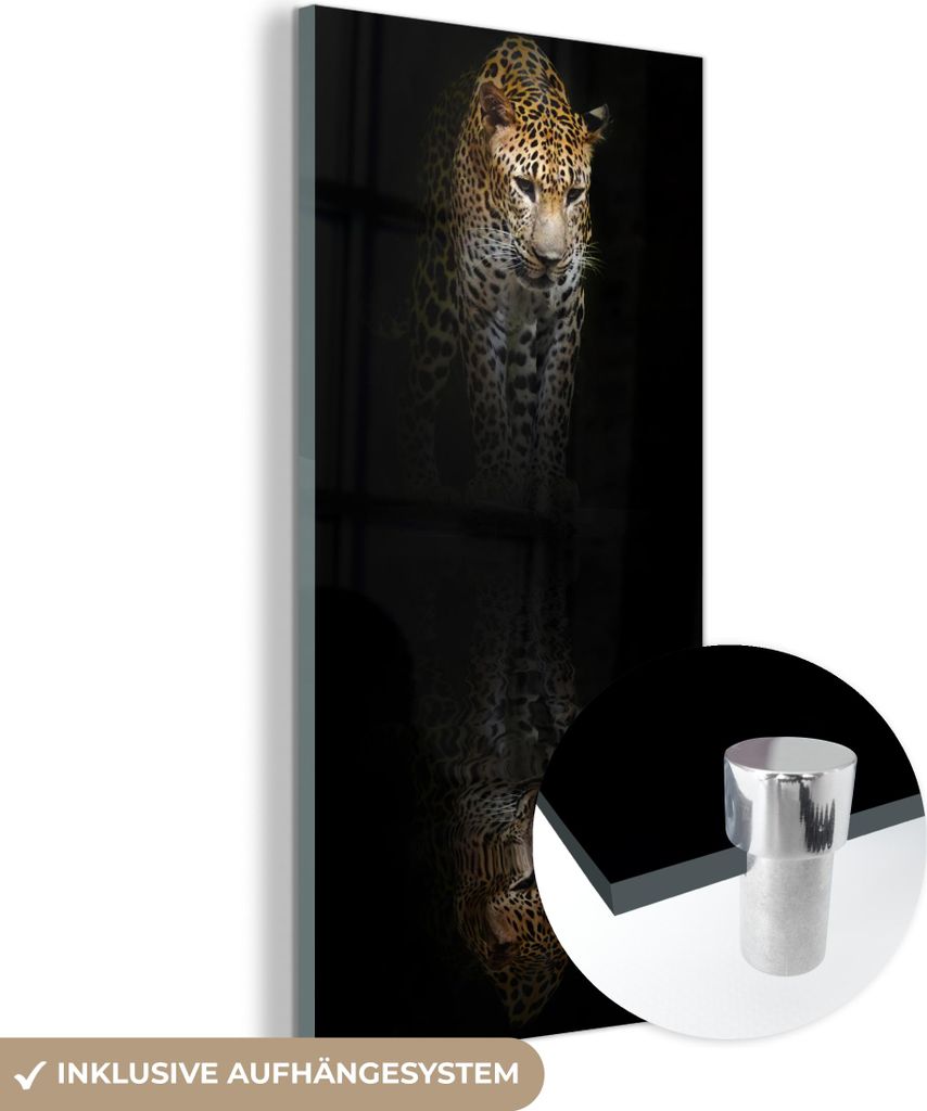 MuchoWow Glasbilder - Bilder auf Wandbild - Foto auf Glas Leopard - Reflexion - Schwarz 40x80 cm Wanddekoration aus Glas - Acrylglasbild - Acrylbil...