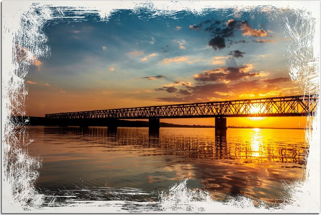 Kunstdrucke Wandbilder Holz in : Brillante Farben, Größe 60 x 90 cm Motiv Brücke bei Sonnenuntergang