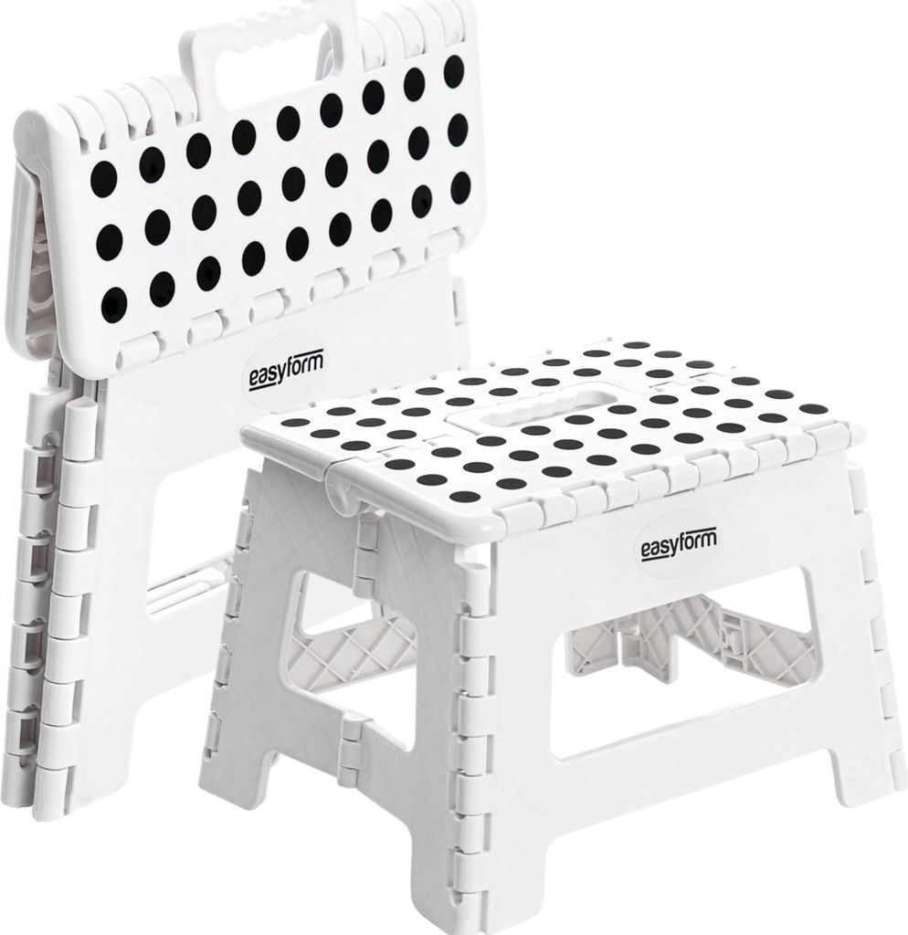 Two white folding step stools with black polka dots on a white background.