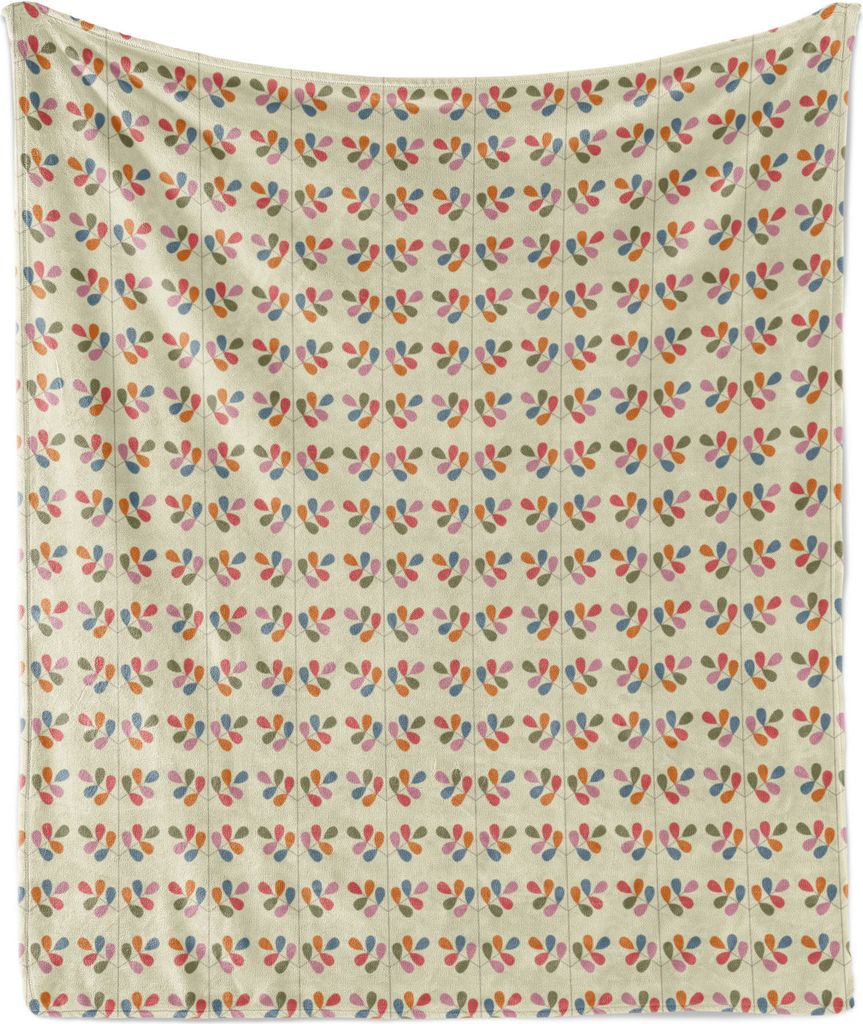 ABAKUHAUS Botanisch Weich Flanell Fleece Decke, Bunte Blätter-Muster in Symmetrical Design Retro Blumenmotive, 175 x 230 cm, Eischale und Mehrfarbig