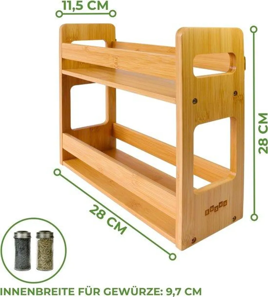 Étagère murale épices en bambou grand format avec 2 niveaux de rangement