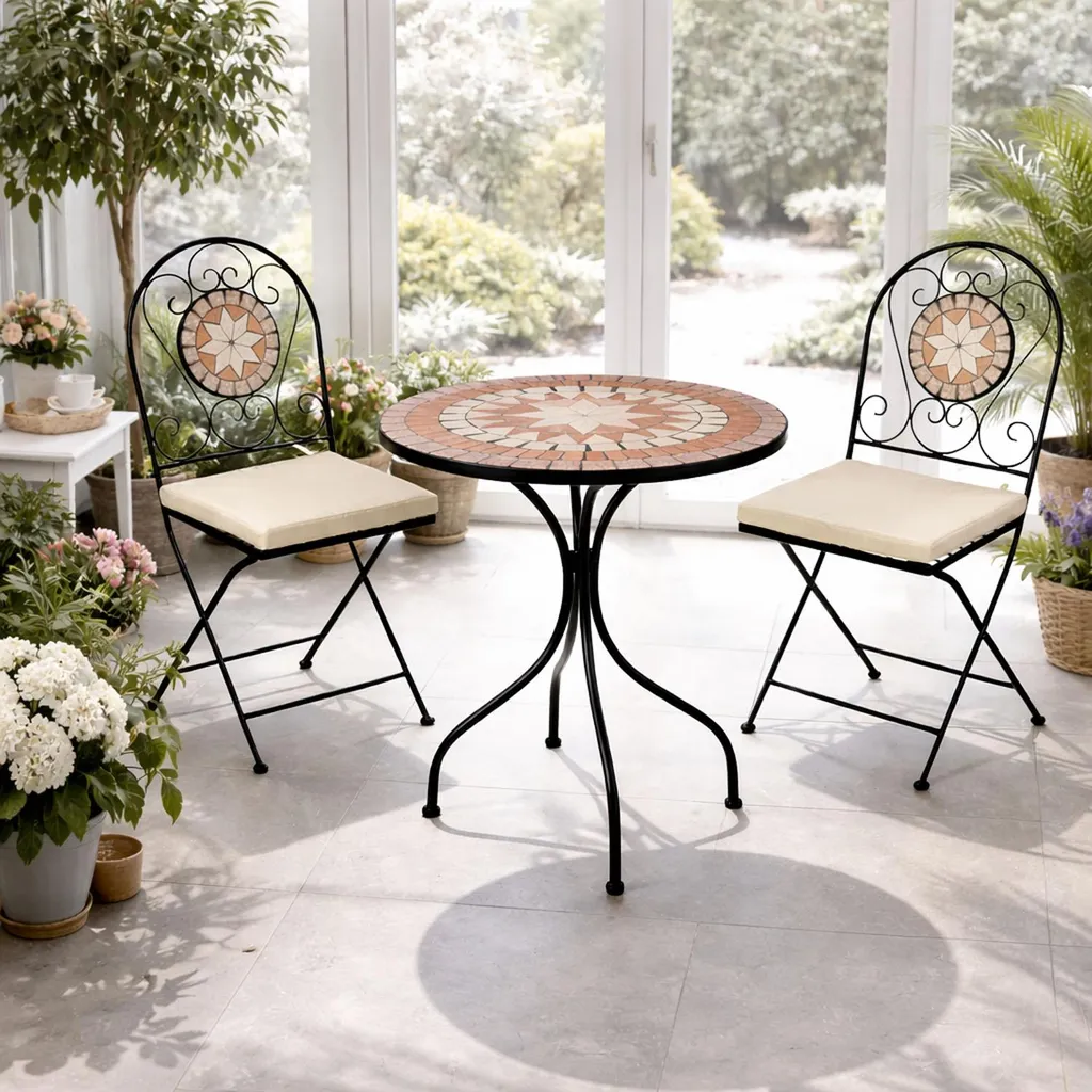 Salon Bistro en Mosaïque Artisanale - Ensemble Extérieur 3 Pcs Pliable