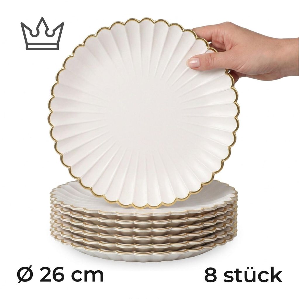 8er-Set Premium Porzellan Speiseteller Ø26 cm – Elegantes Wellendesign mit edlem Goldrand