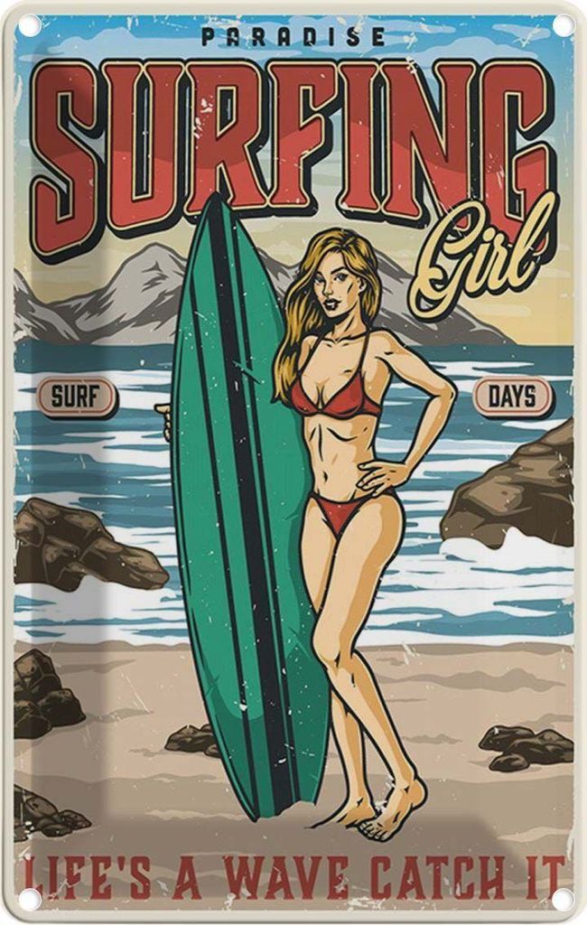 vianmo Blechschild 18x12 cm Pinup Surfing Girl Paradise Sommer Pin Up