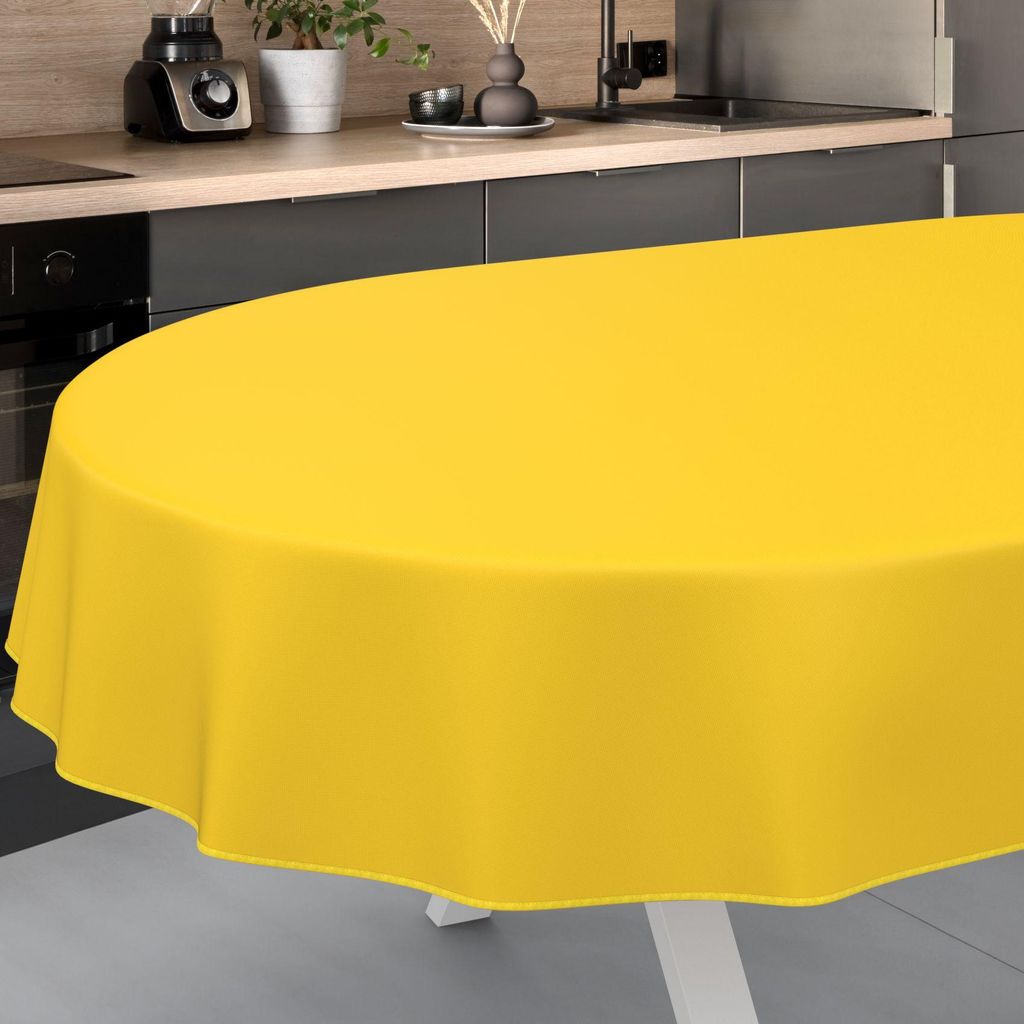 Tischdecke Textil-Optik UNI Gelb Oval 240x140cm mit Band-Kante Wachstuch abwaschbar