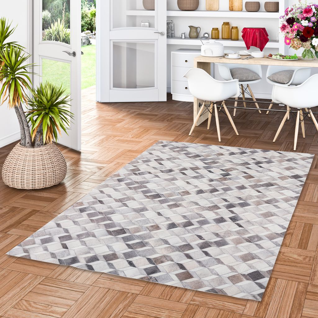 Kunstfaser Patchwork Tierfell 3D Optik Grau Beige Trend, Größe:120x160 cm