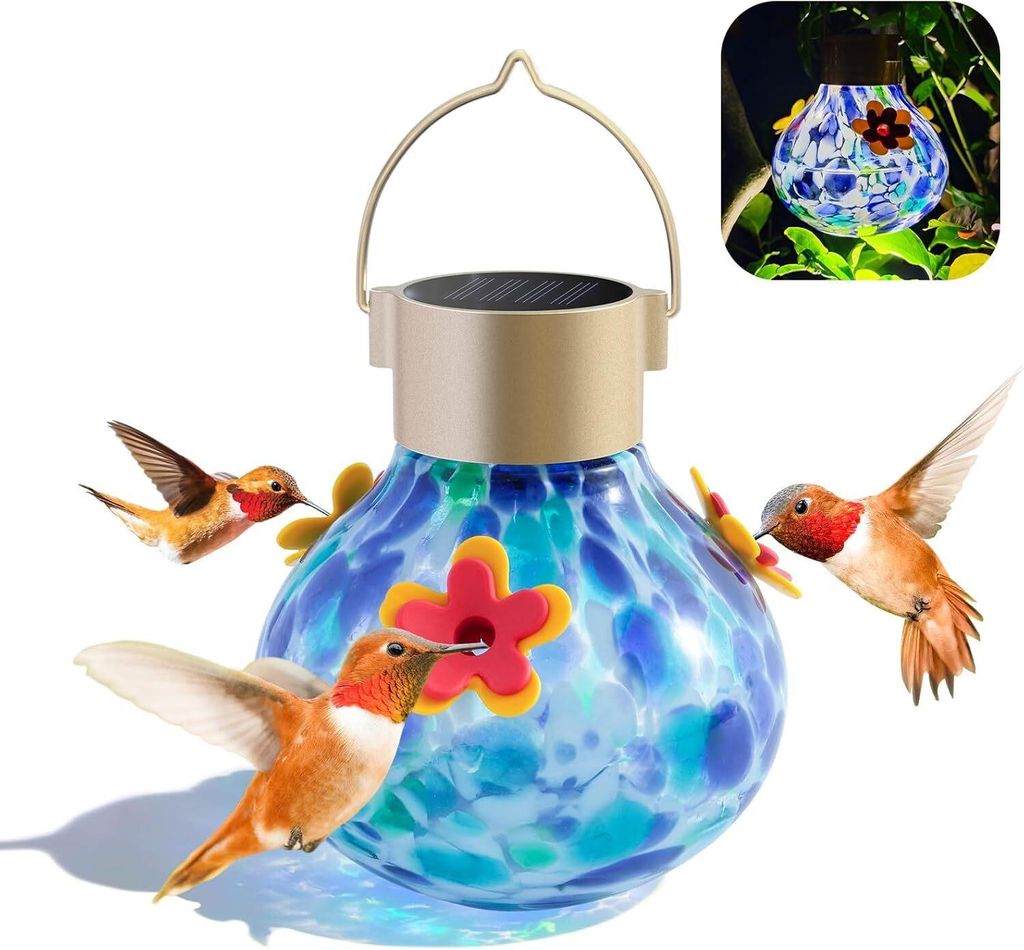 Kolibri Vogelfutterhaus mit Solarlicht, Glas-Futterhaus für den Außenbereich, Selbstleuchtendes Solarlicht für die Gartendekoration
