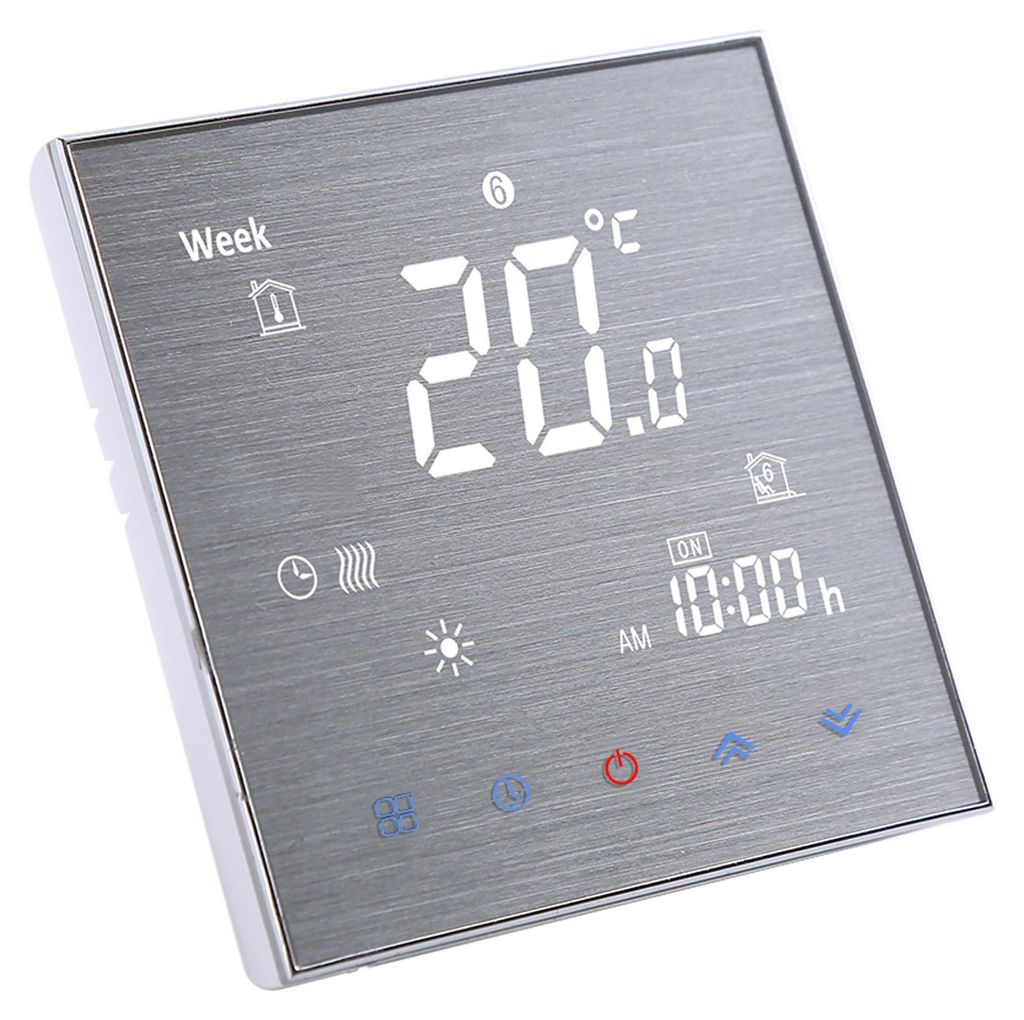 A digital thermostat with a brushed metal finish and a large LCD display.