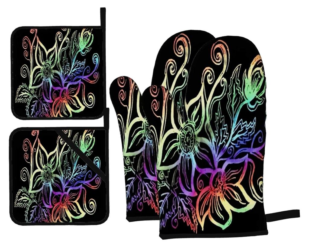 Ofenhandschuhe und Topflappen-Sets mit Kunstmalerei-Muster, 4 Stück, für Backen und Grillen