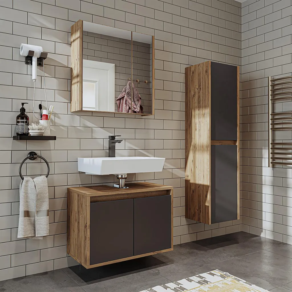 Rangement Salle de Bains Anthracite : Kit 3 Meubles pour Petit Espace