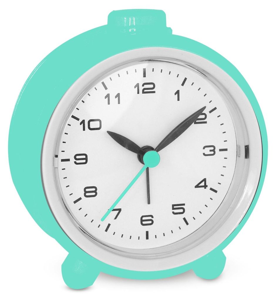 A close-up view of a turquoise analog alarm clock.