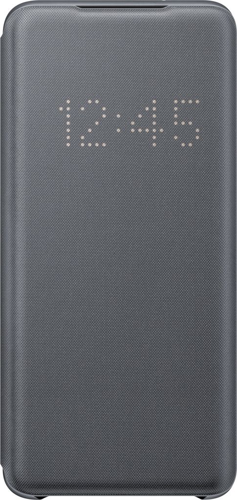 A gray Samsung S20 flip case with a digital clock displayed on the cover.