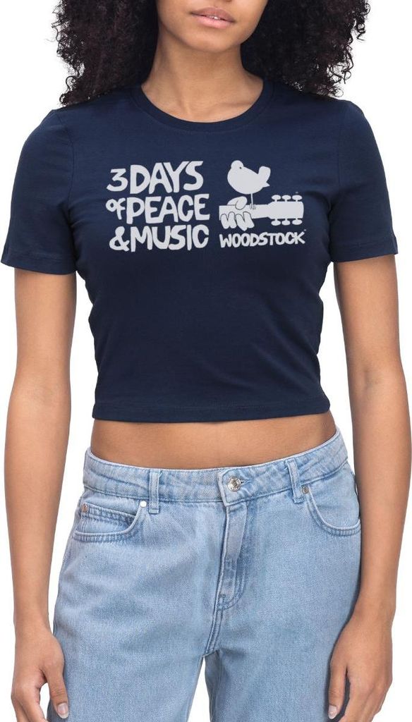 Spreadshirt Woodstock Logo Weiß 3 Days Of Peace & Music Crop Top, L, Light Navy