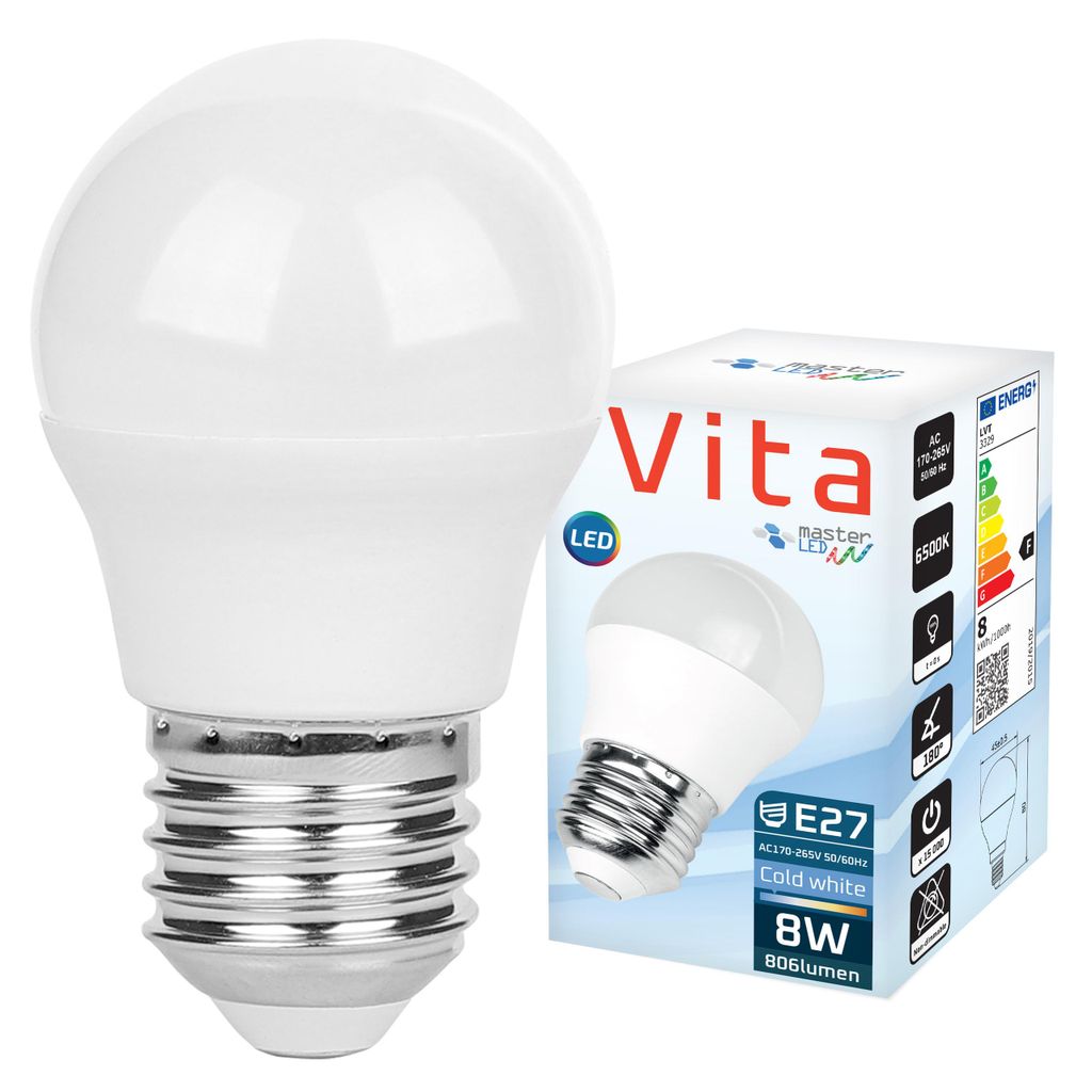 A white LED light bulb and its packaging are shown against a white background.