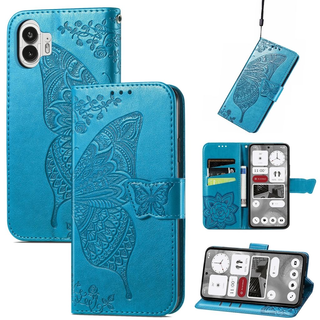 Für Nothing Phone 2 Kunstleder Wallet Handy Tasche Schmetterling Design Hülle Etuis Blau
