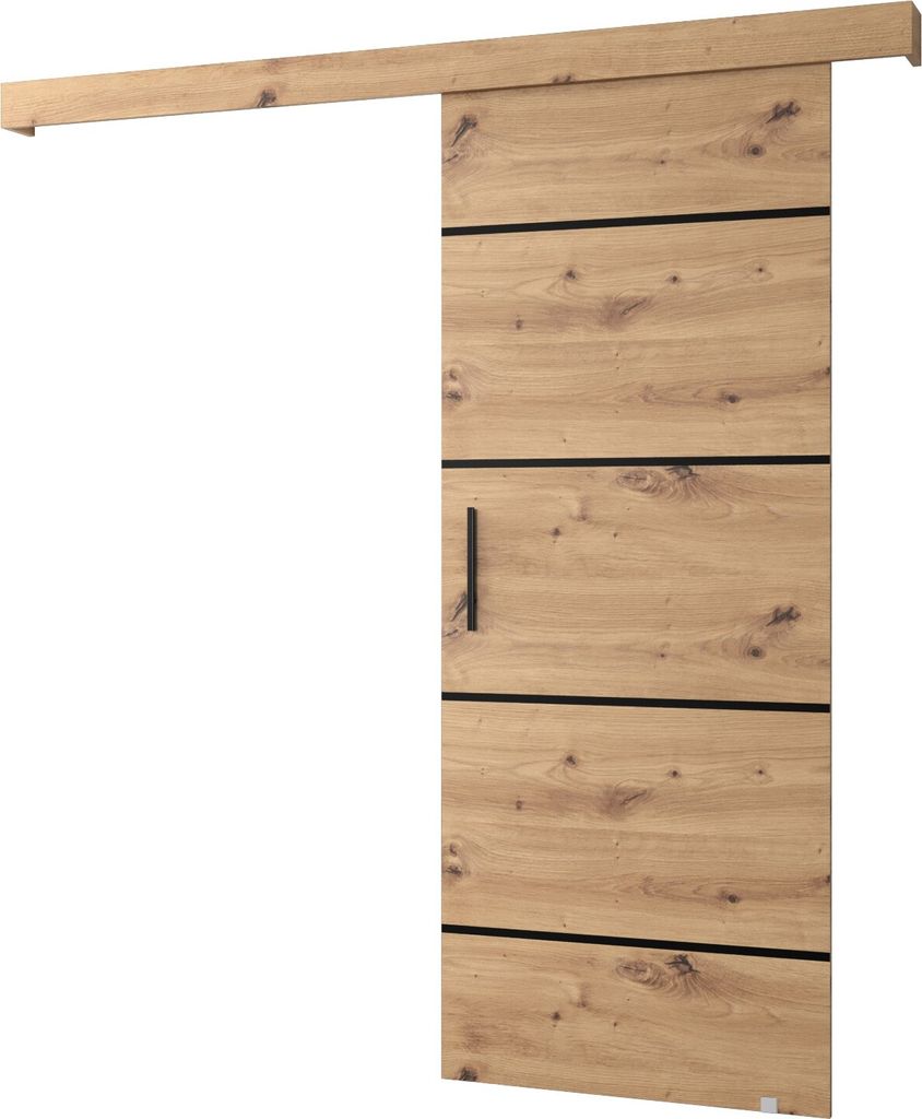 A sliding door with a wood grain finish and black accents, mounted on a track.