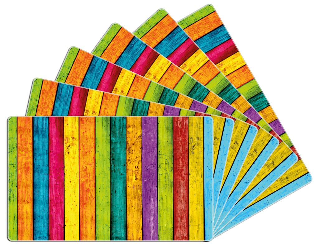 Wallario Frühstücksbrettchen 6er Set aus Glas, je 14 x 23 cm, mit rutschfesten Füßen, Motiv Buntes Holz - bunte Streifen mit Farbe und Holzstru...