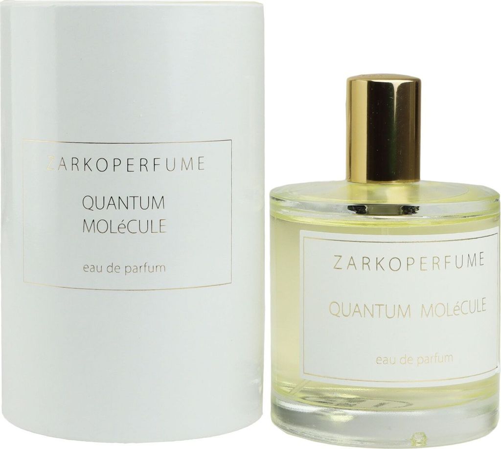 A perfume bottle and its cylindrical packaging are shown against a white background.