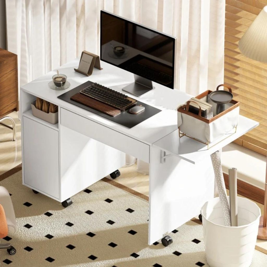 Rollbarer Computertisch, klappbarer Schreibtisch mit Schrank und Schublade