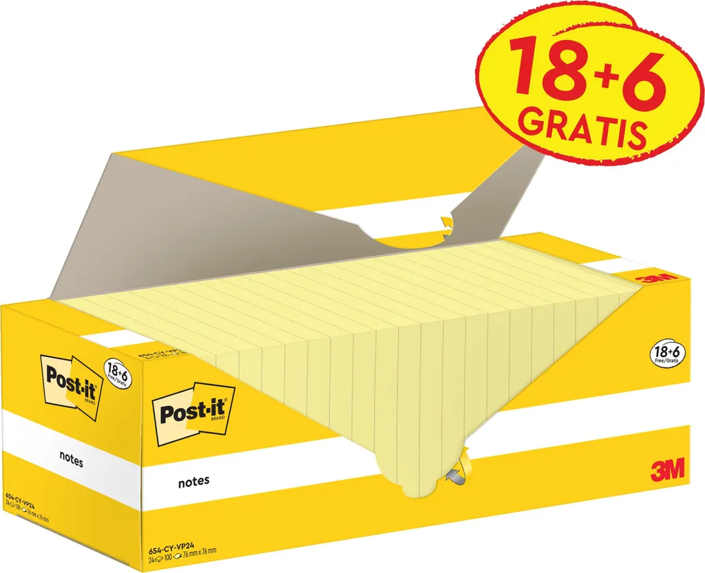 Post-it 654-CY-VP24 Giallo Canary 76x76mm - Scorta Ufficio 24 Blocchi