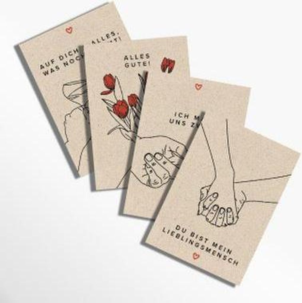 Vier Grußkarten-Set Klassiker aus Gras- & Recyclingpapier, nachhaltig, für Valentinstag & Jahrestag, mit Umschlägen
