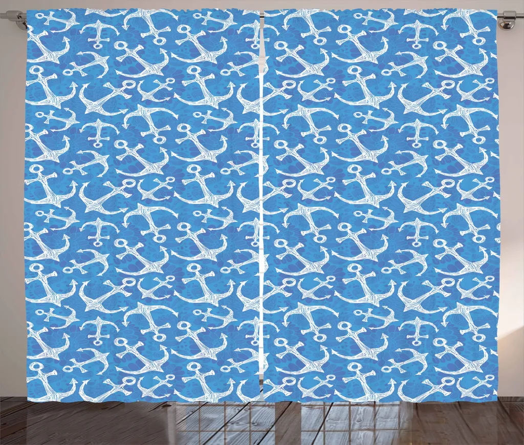 Rideau à fronces décoratif pour chambre : motif ancrage bleu 280x225