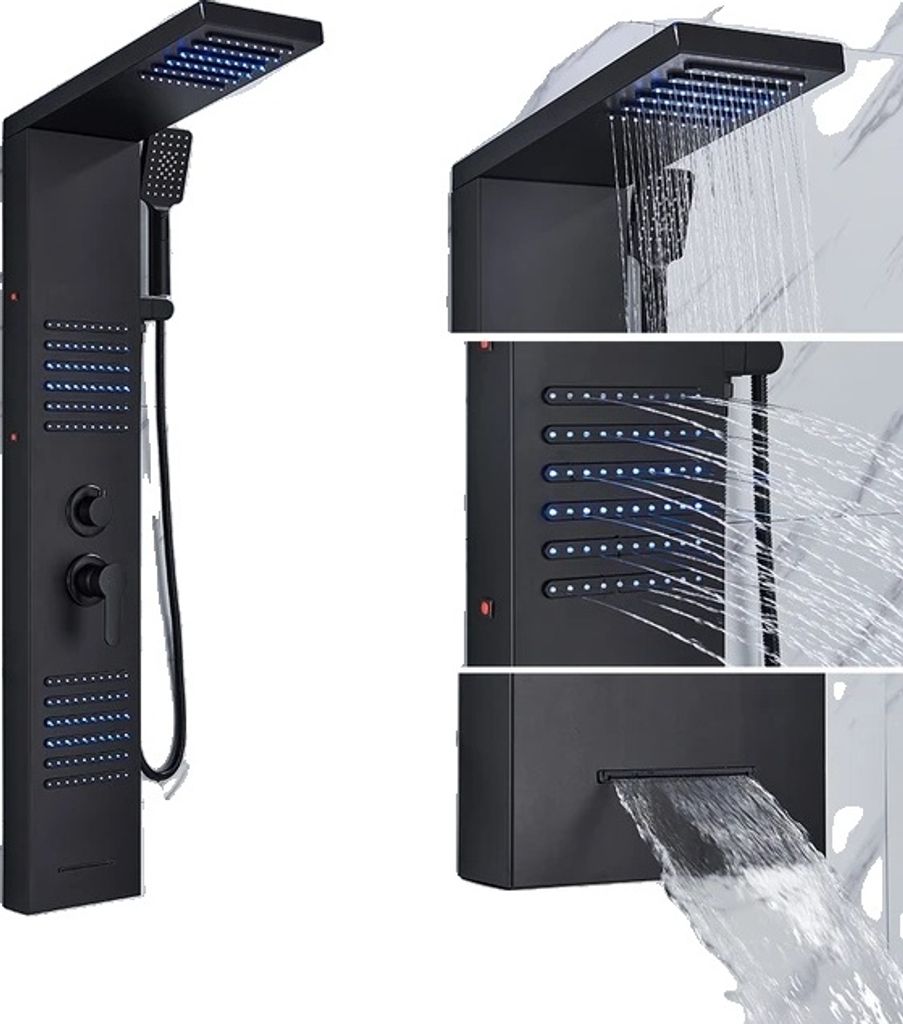 Duschsäule, LED-Regenfall, Massagestrahl, Matt Schwarz 6004