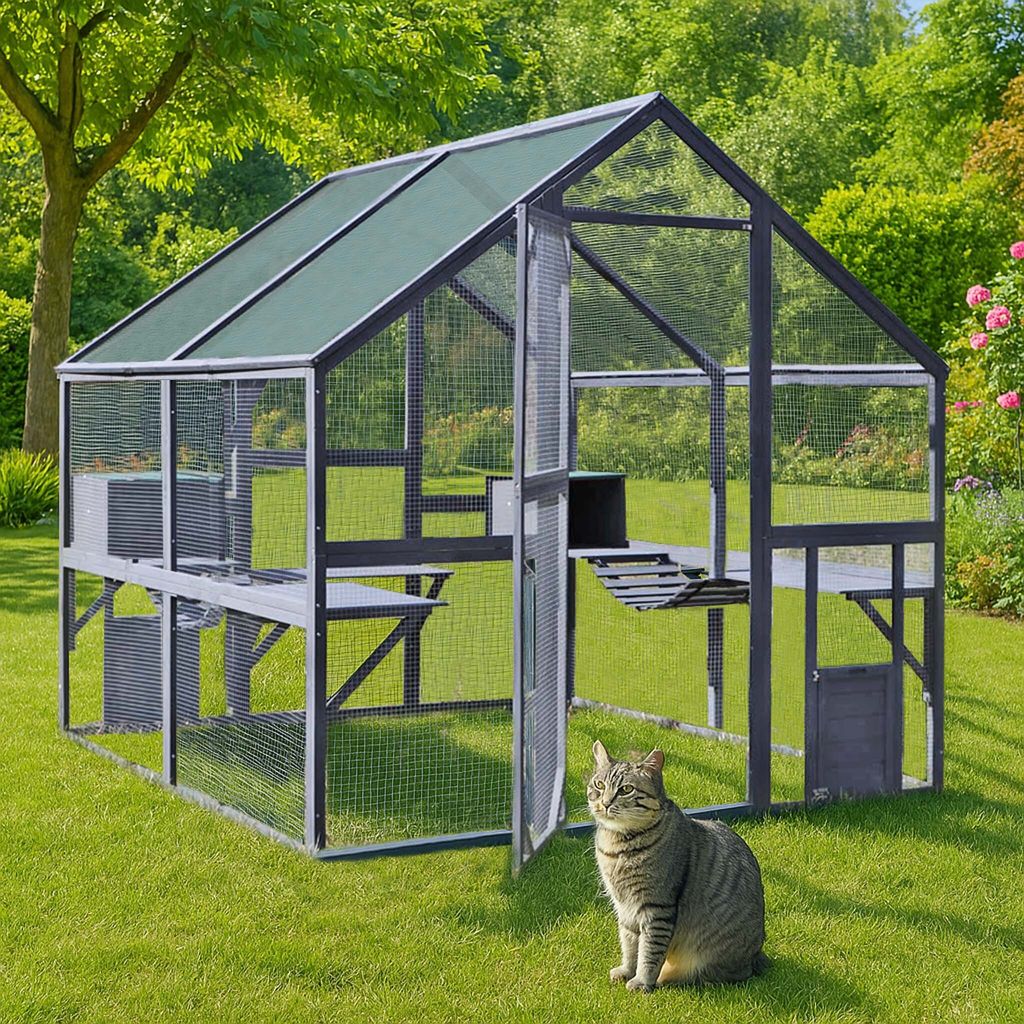 Wiltec Freilaufgehege Katzen 140 x 187 x 187 cm, Katzenfreigehege Holz, Außengehege verschiedene Ebenen, Katzengehege für Garten, Balkon