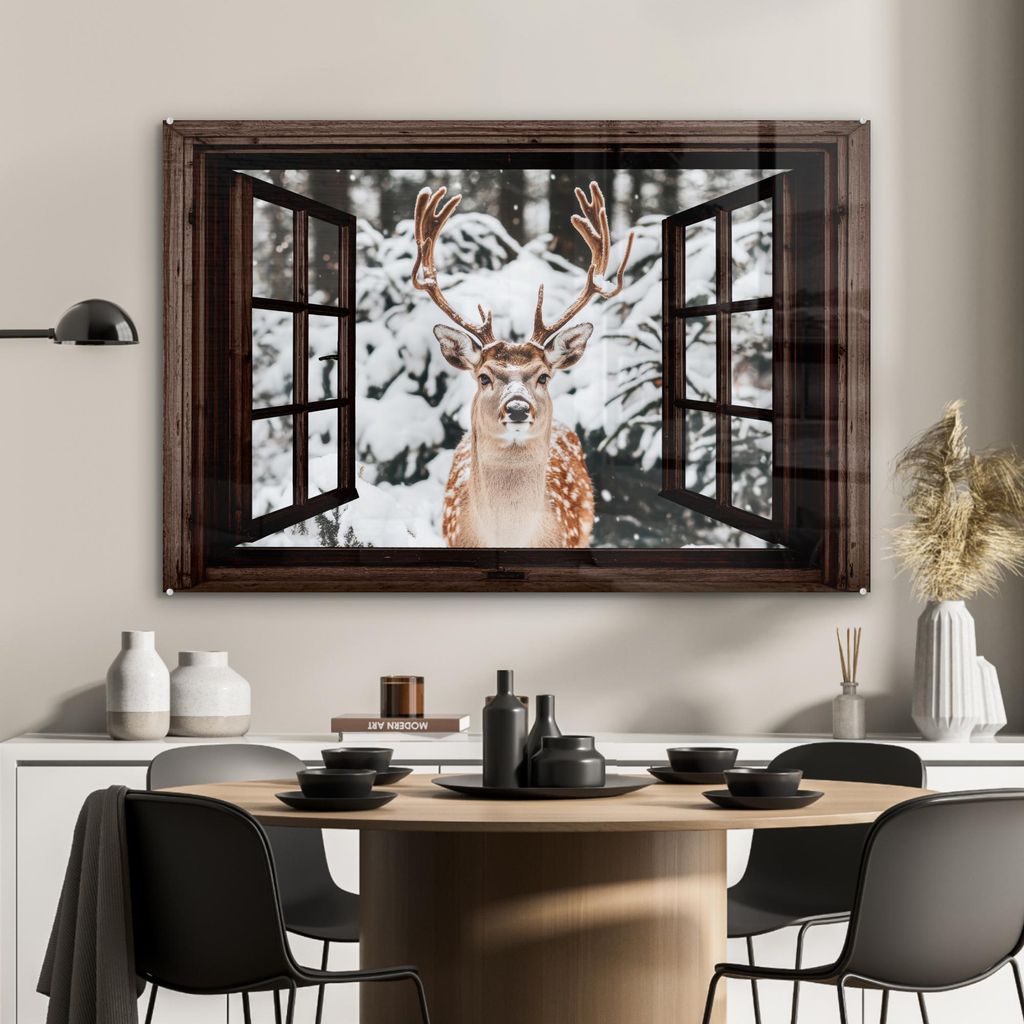 MuchoWow Glasbilder - Bilder auf Wandbild - Foto auf Glas Hirsche - Schnee - Winter - Wald - Tiere - Durchblicken 120x80 cm Wanddekoration aus Glas...