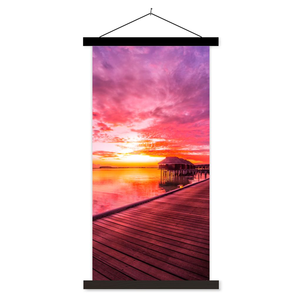 MuchoWow Textilposter Steg - Wasser - Sonne - Rosa - Horizont 60x120 cm mit schwarzem Rahmen - Magnete