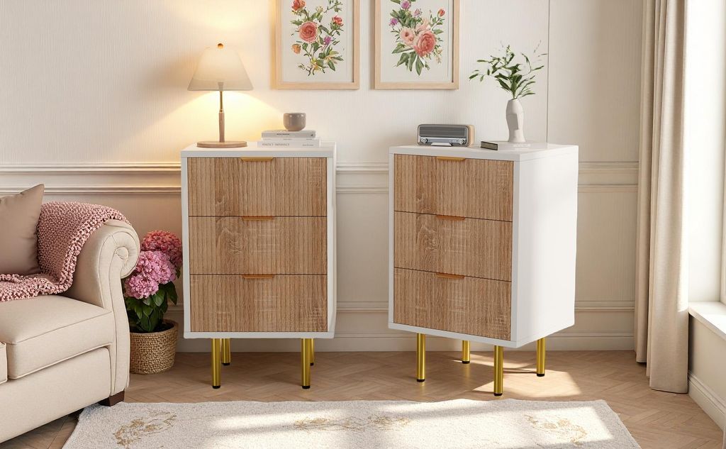UnboxG 2er-Set Nachttische mit 3 Schubladen 40×40×65 cm – Beistelltische Weiß/Naturholz mit goldenen Metallgriffen & Füßen, moderne Schublad...