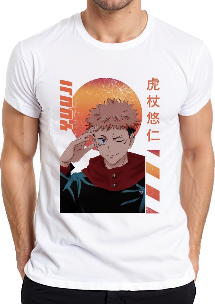 Jujutsu Kaisen Itadori Yuji zwinkernd Anime Geschenk Retro Herren T-Shirt, Weiß, 3XL