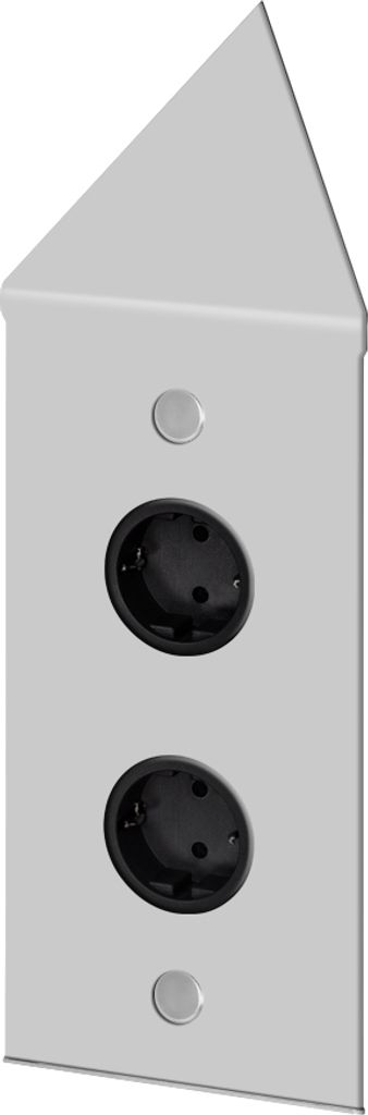 A 3D rendering of a silver corner power strip with two black outlets and two silver buttons.
