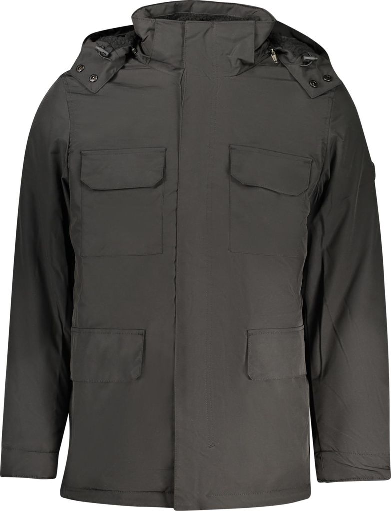 Lange Schwarze Herrenjacke mit Abnehmbarer Kapuze und Schaffell-Effekt