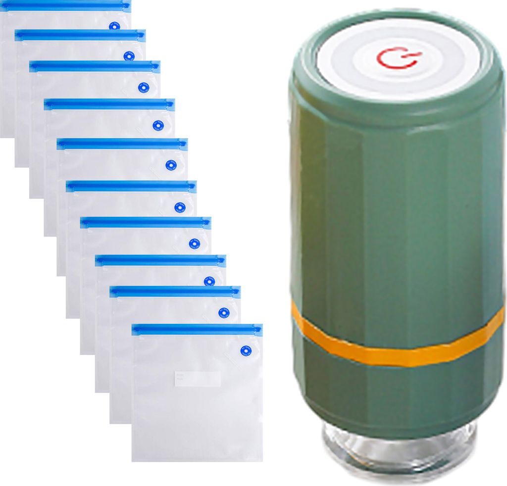 A green handheld vacuum sealer and a stack of reusable vacuum seal bags.