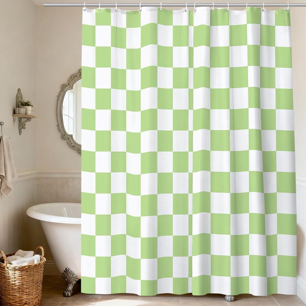 Retro-Duschvorhang mit Karomuster, 180 x 200 cm, wasserdicht, schimmelresistent, mit 12 Haken, Vintage-Design, grün-weiß